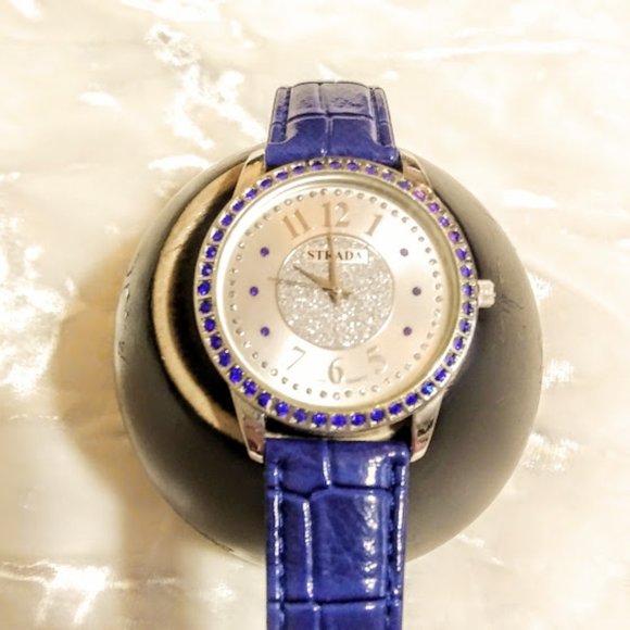 WATCH, BRACELET & HOOP EARRINGS SET*STRADA*BLUE BAND*BLUE AUSTRIAN CRYSTALS. - Picture 3 of 16